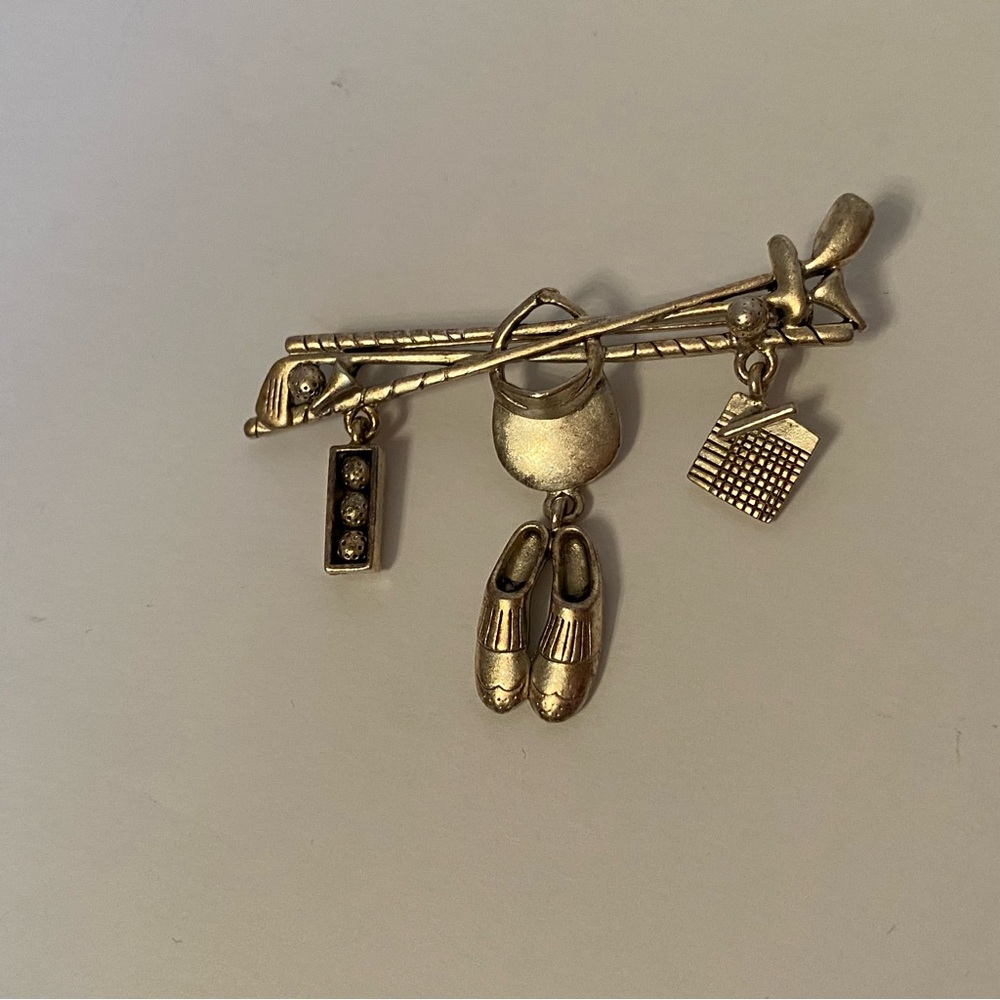 DANECRAFT BROOCH PIN GOLFERS GEAR SILVER TONE CLUBS SHOES BALLS DANGLES DROPS